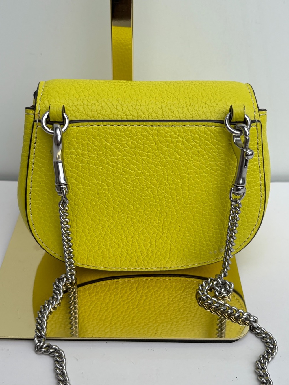 Coach Mini Morgan Saddle Crossbody Bag Neon Yellow Silver Chain Strap Purse - Picture 5 of 8